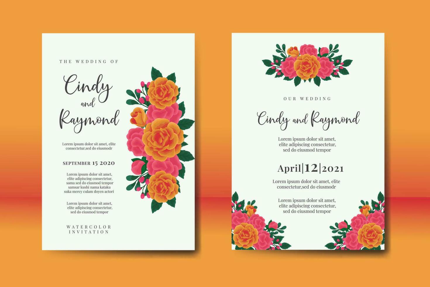 Casamento convite quadro, Armação definir, floral aguarela digital mão desenhado laranja rosa flor Projeto convite cartão modelo vetor