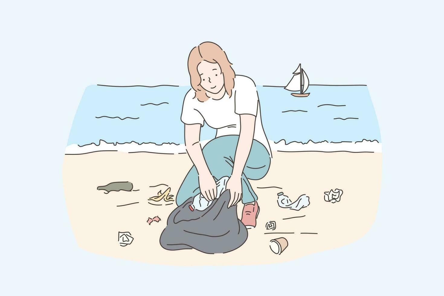 fêmea voluntário limpeza praia, Salve  planeta e natureza proteção conceito vetor