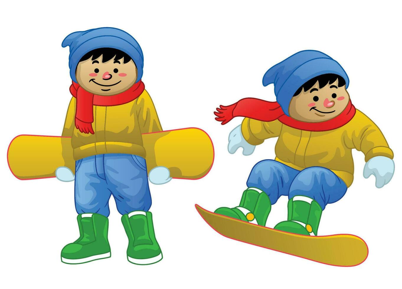 conjunto do desenho animado Garoto equitação a snowboard vetor