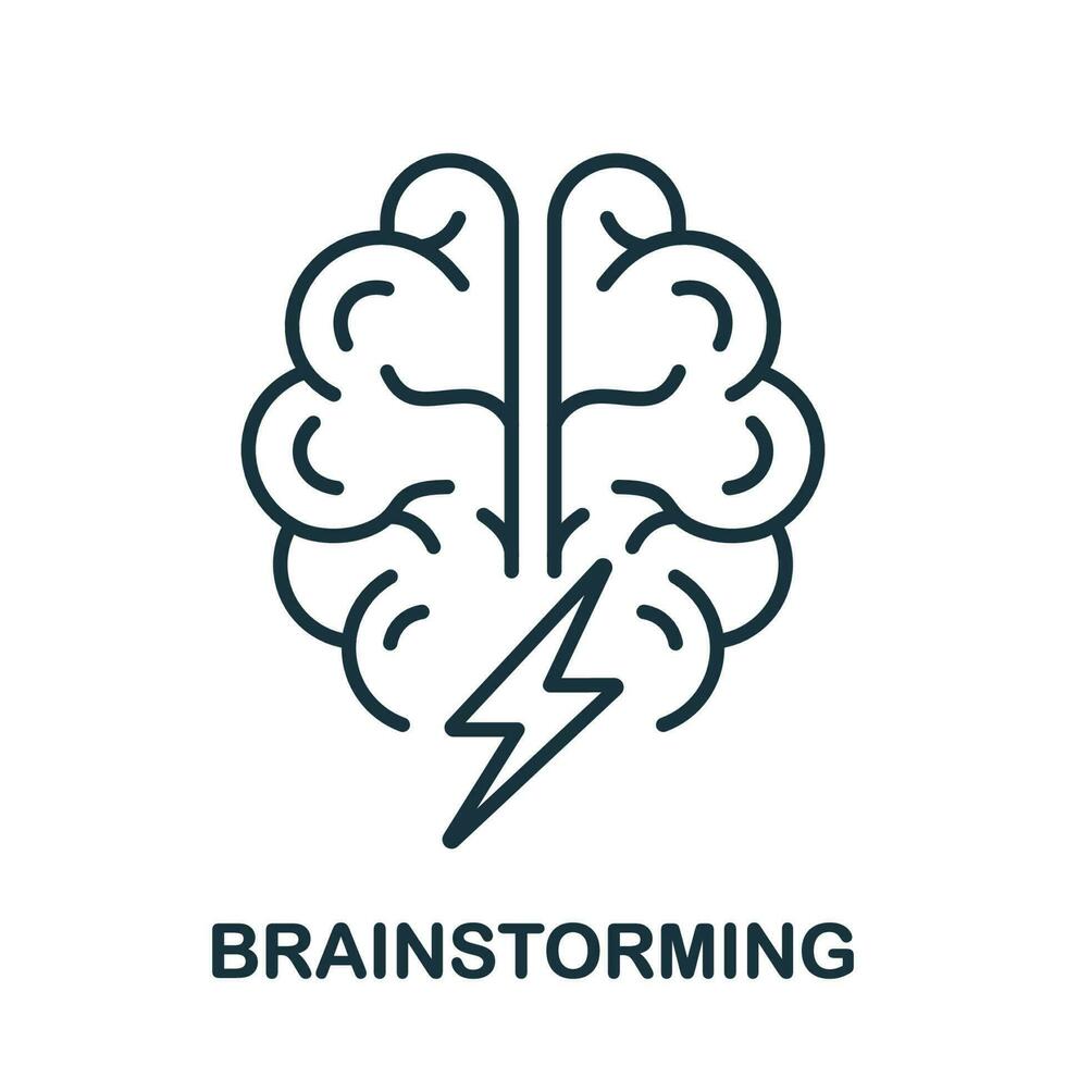 chuva de ideias linha ícone. humano cérebro com relâmpago linear pictograma. pensar sobre criativo idéia esboço placa. debate, intelectual processo símbolo. editável AVC. isolado vetor ilustração.