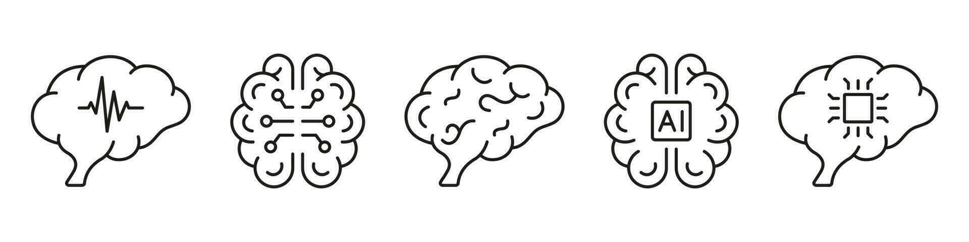 humano cérebro e ai linear pictograma coleção. artificial inteligência símbolo em branco fundo. tecnologia Ciência, chuva de ideias, conhecimento Preto linha ícone. editável AVC. isolado vetor ilustração