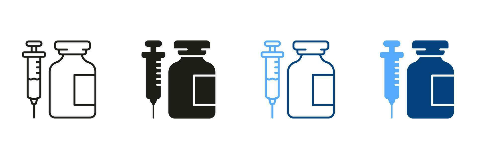 injeção tratamento, gripe vacinação Preto e cor símbolo coleção. médico vidro garrafa e seringa linha e silhueta ícone definir. insulina dose dentro frasco pictograma. isolado vetor ilustração.