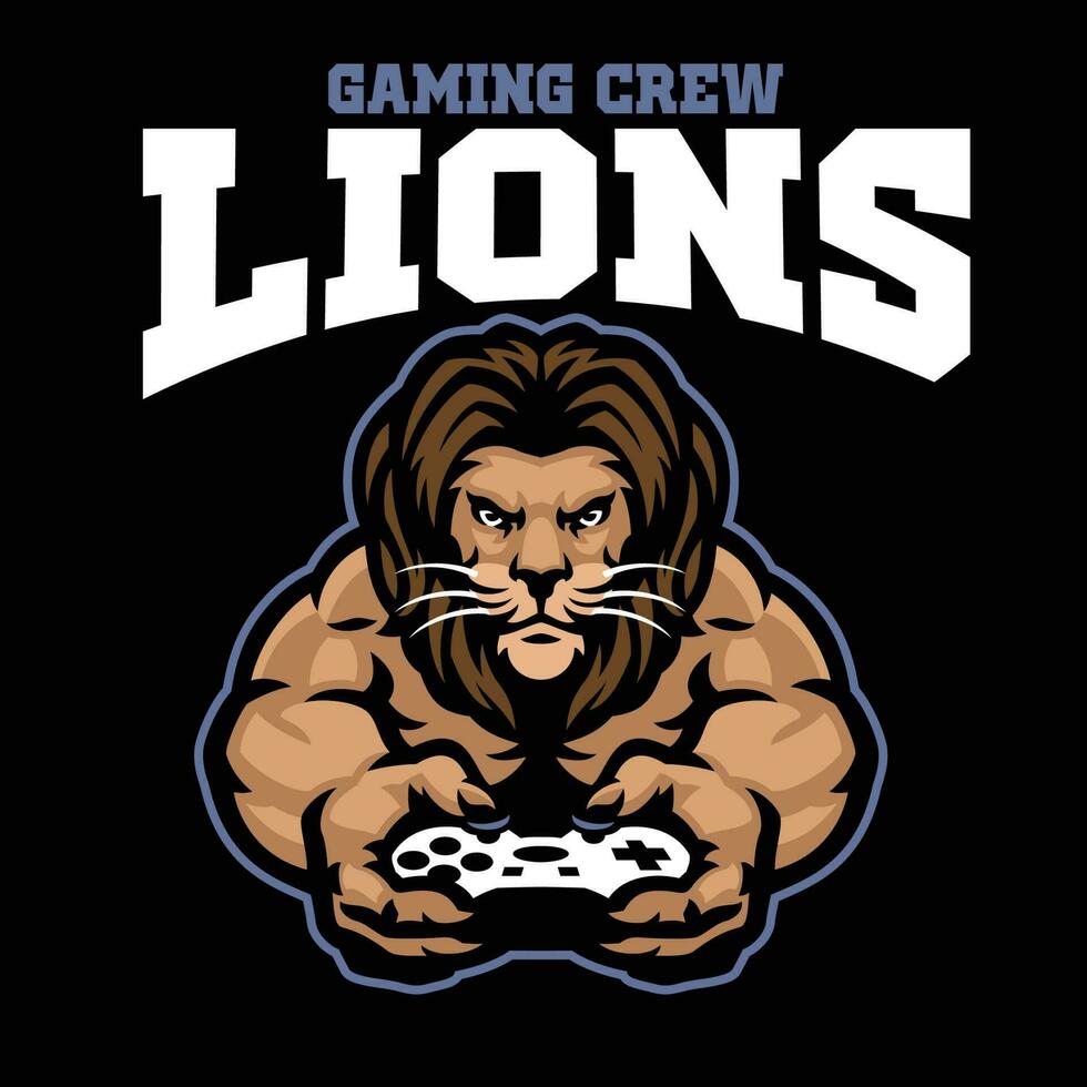 mascote jogos logotipo do leão segurando a controle de video game vetor