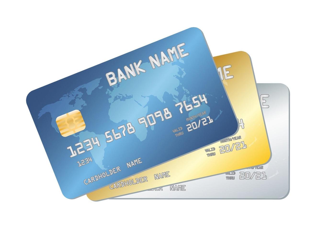 vetor de cartões de crédito azul, ouro e prata