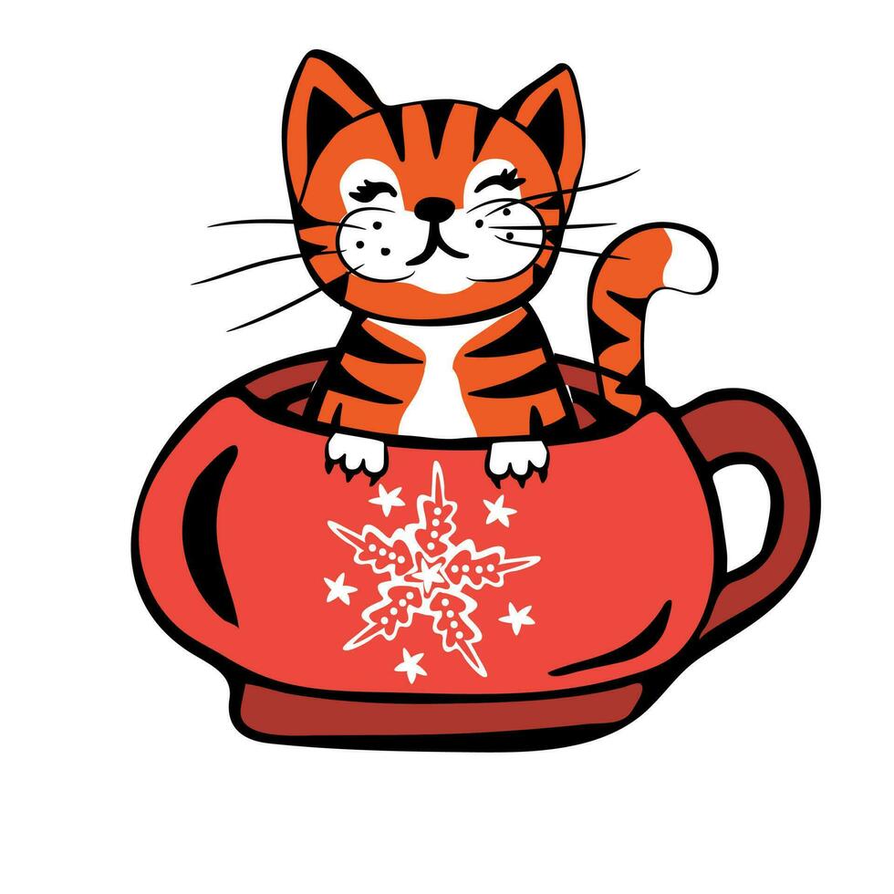 fofa desenho animado tigre ou gato é sentado dentro uma copo do café vetor