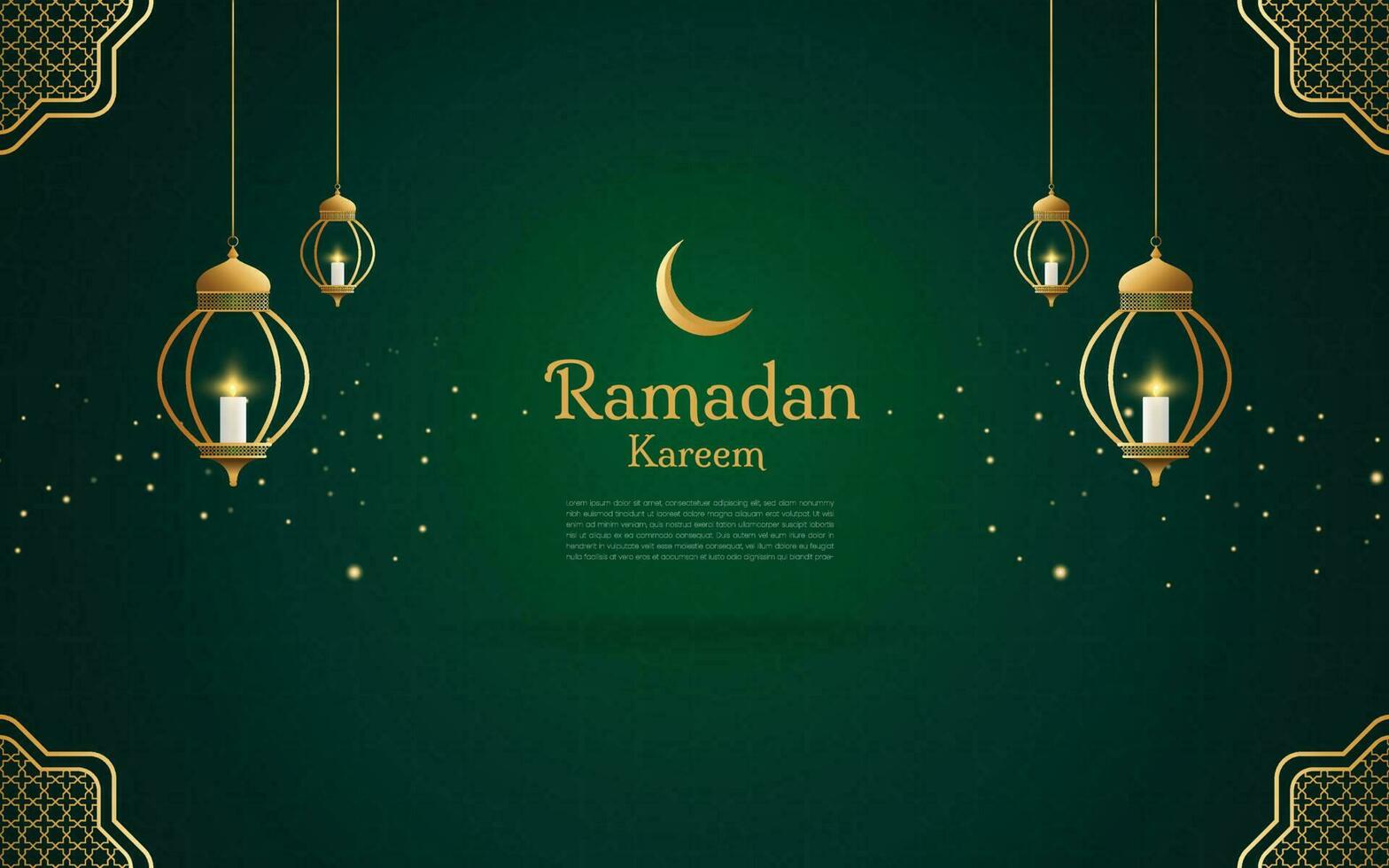 Ramadã tema luxo fundo com verde cor decorado com típica árabe luminária enfeites. vetor