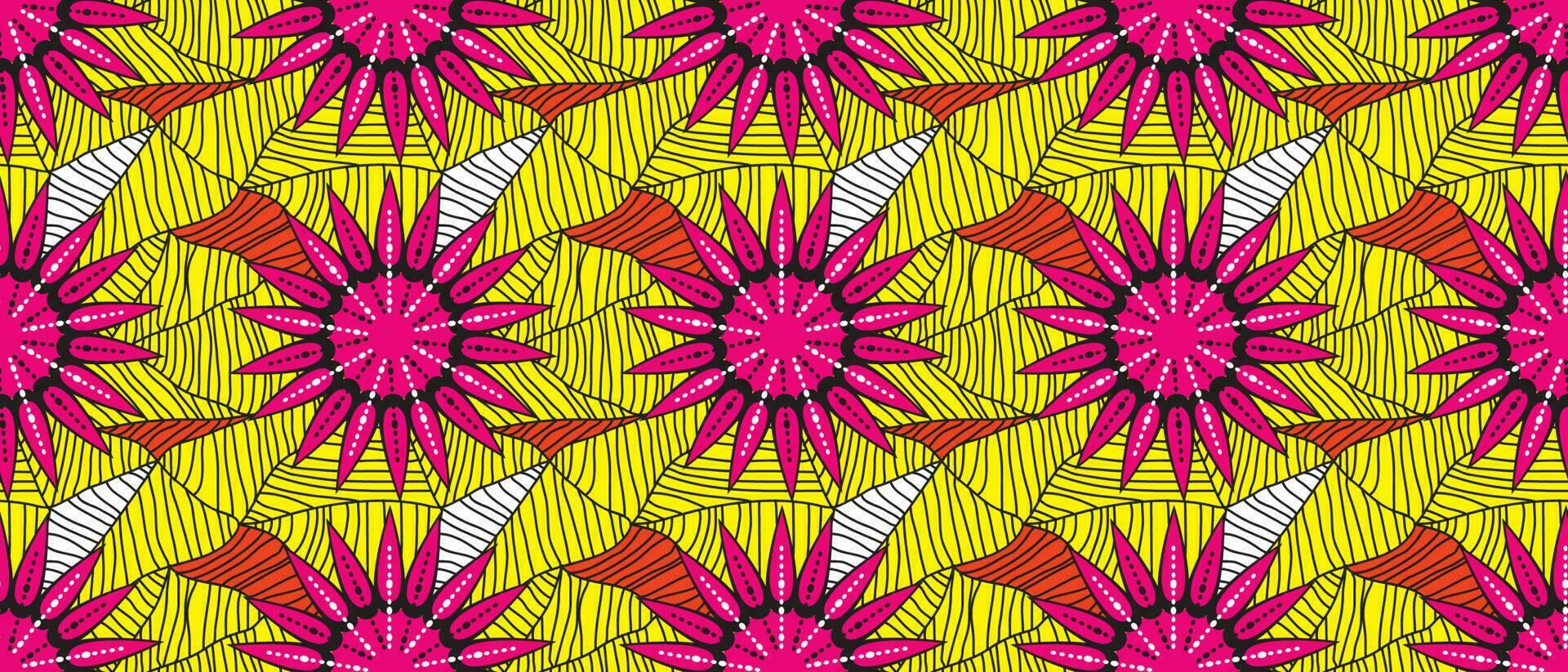 africano étnico amarelo padronizar. desatado lindo kitenge, chitenge, Ancara estilo. moda Projeto dentro colorido. geométrico triângulo abstrato motivo. Rosa floral flores, africano cera impressões vetor