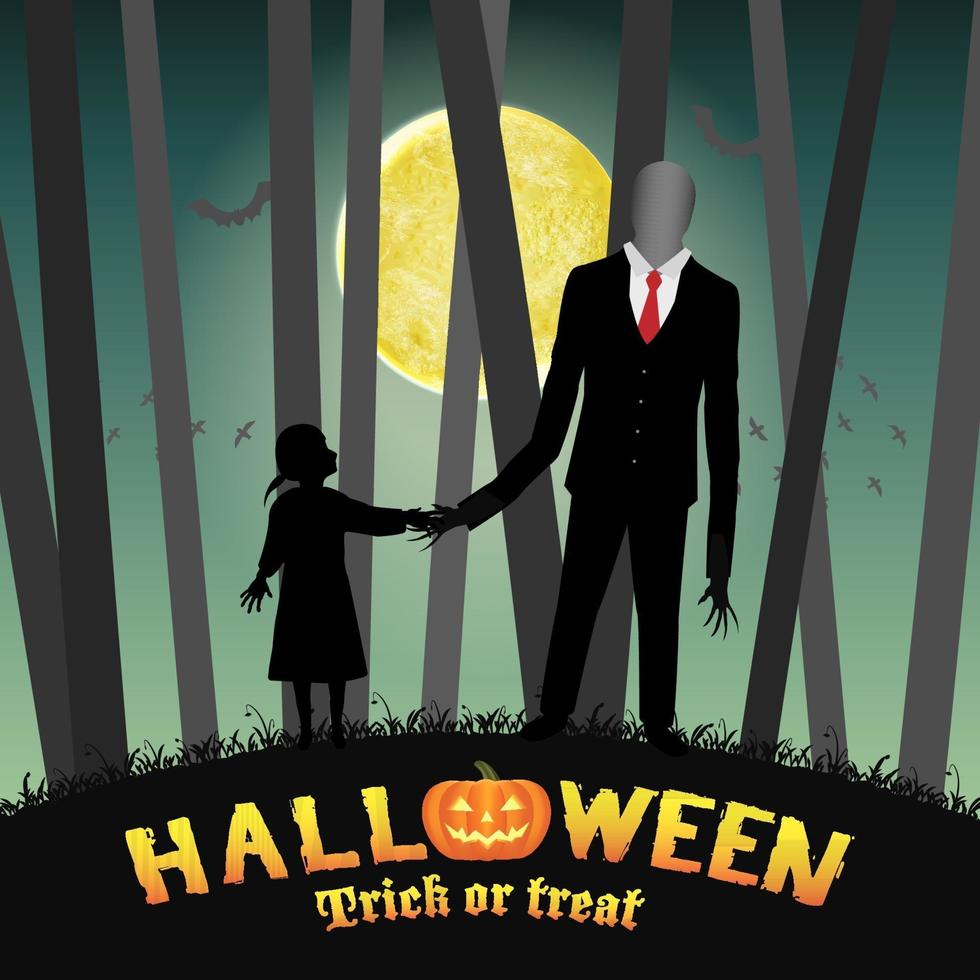 homem alto e esguio de halloween com uma garota na floresta vetor