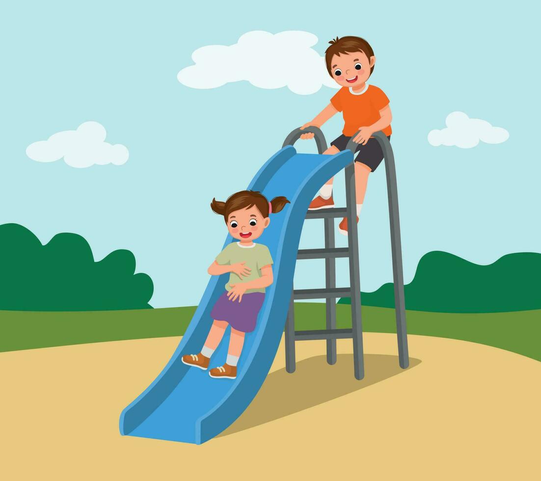 fofa pequeno crianças Garoto e menina tendo Diversão em deslizar dentro Parque infantil às a parque vetor