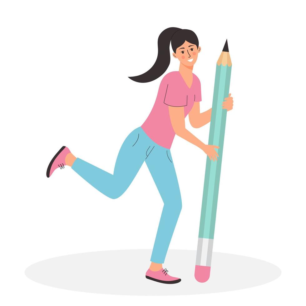 jovem mulher segurando grande lápis. aluna menina com ampla lápis dentro uma engraçado pose. escrita, criando, Educação, redação e blogging conceito. vetor