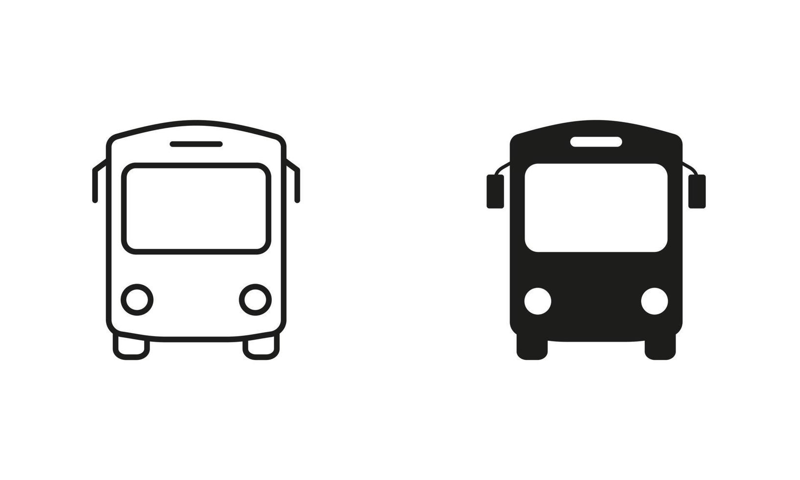 ônibus linha e silhueta Preto ícone definir. escola transporte pictograma. Pare estação para cidade público veículo transporte esboço e sólido símbolo coleção em branco fundo. isolado vetor ilustração.