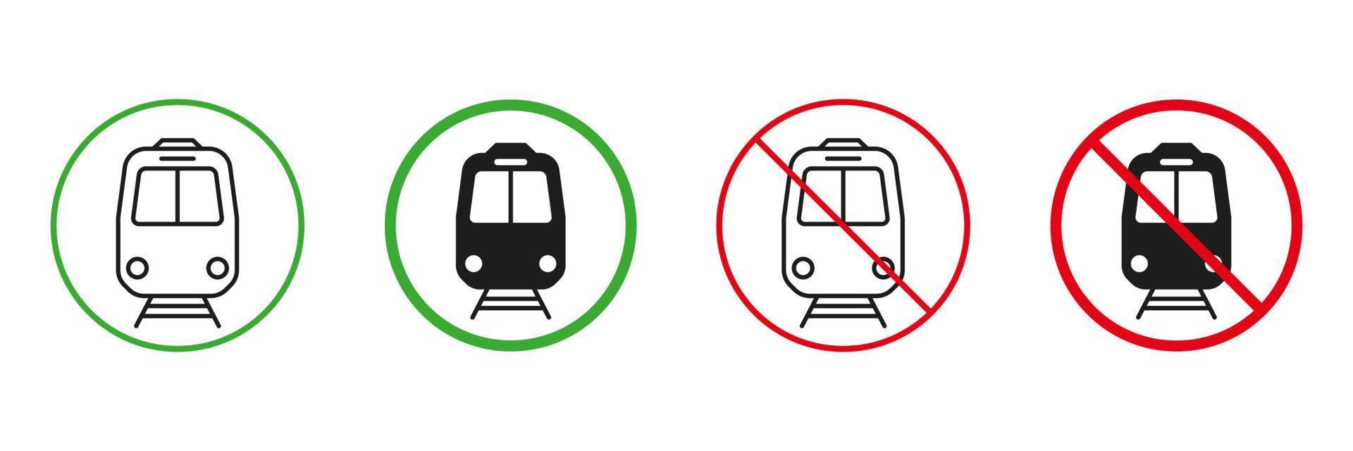 trem vermelho e verde estrada sinais. estrada de ferro transporte linha e silhueta ícones definir. Ferrovia transporte permitir e não permitido símbolo coleção. isolado vetor ilustração.