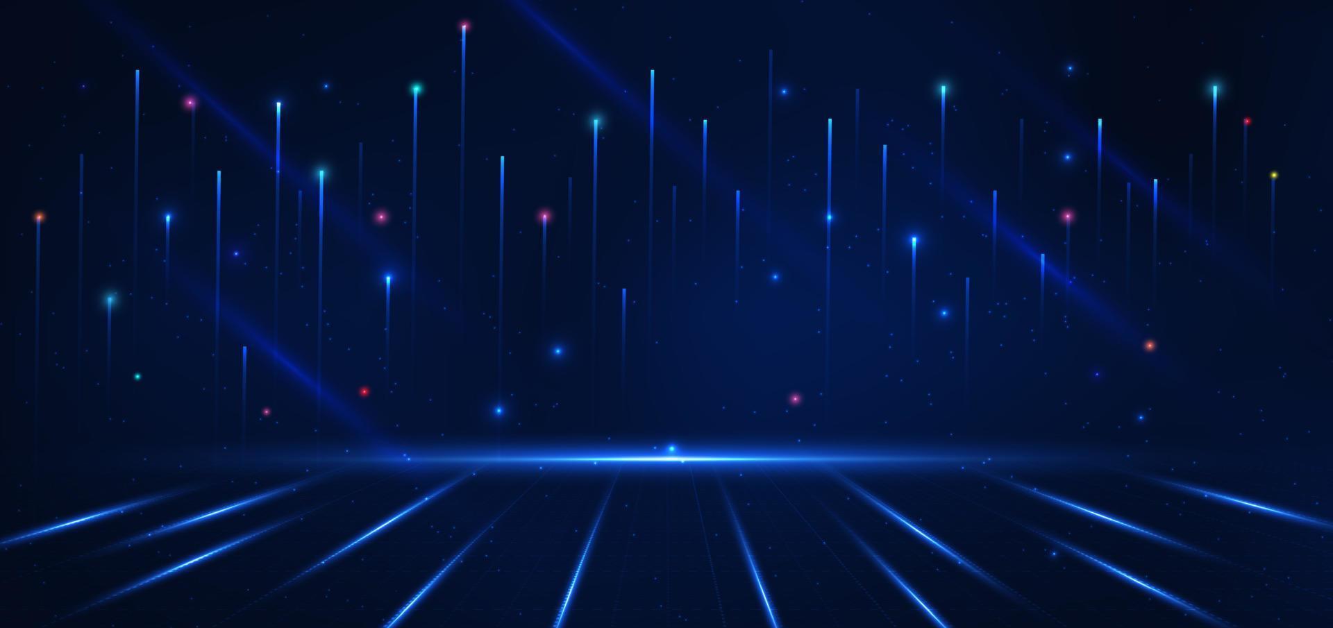 abstrato tecnologia futurista brilhando azul luz linhas vertical em Sombrio azul fundo. conexão comunicação rede conceito. vetor