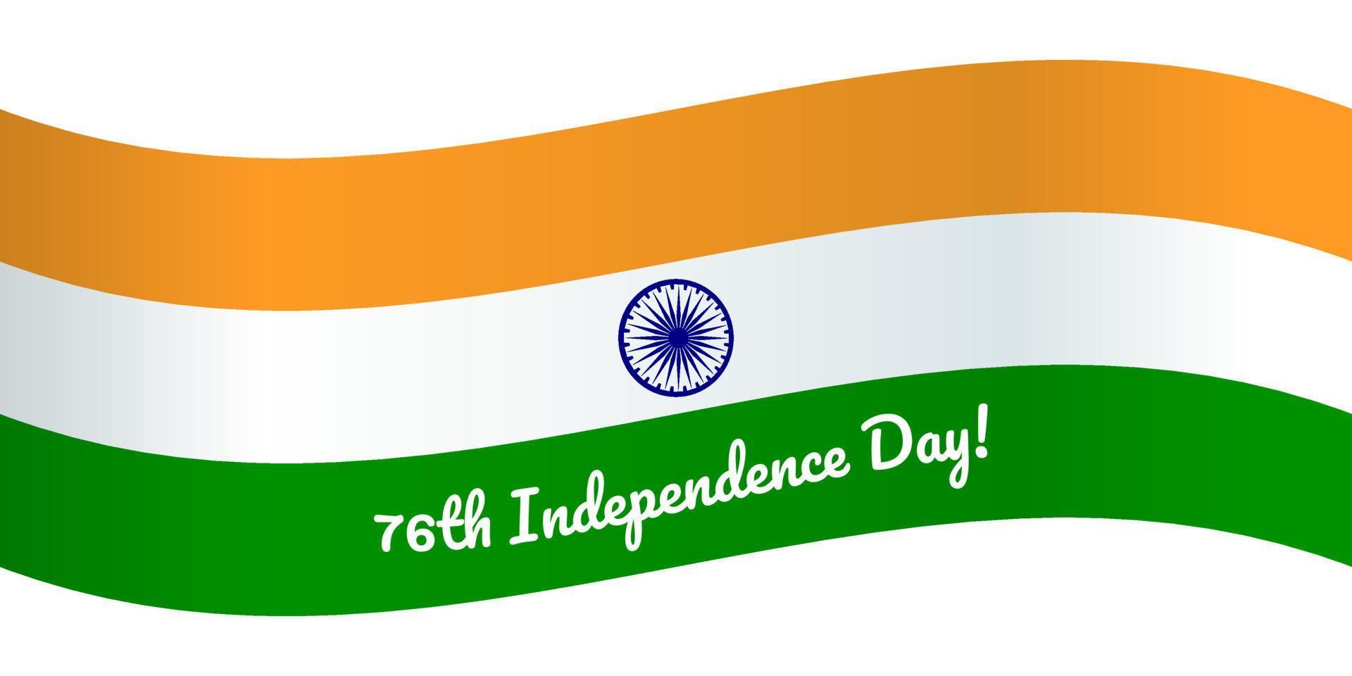 76º indiano independência dia bandeira, fita com tricolor do Índia, cumprimento e convite bandeira. vetor