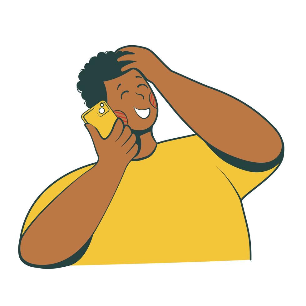 africano americano homem alegremente falando em a telefone dentro a esboço estilo. vetor