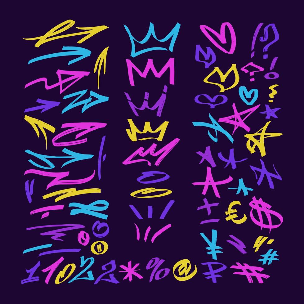 multicolorido grafite elementos conjunto marcador,setas,coroa,coração e estrelas, brilhante colori vetor ilustração