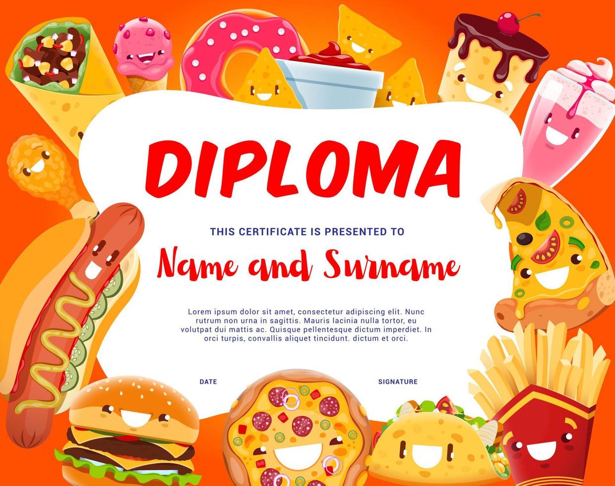 crianças diploma desenho animado alegre velozes Comida personagens vetor