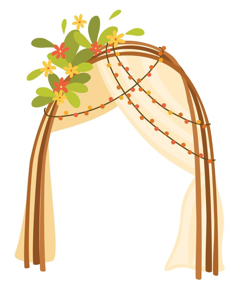 Casamento altar. lindo Casamento arco com flores, folhas e guirlandas. altar para a casamento cerimônia. vetor mão desenhar ilustração isolado em a branco fundo.