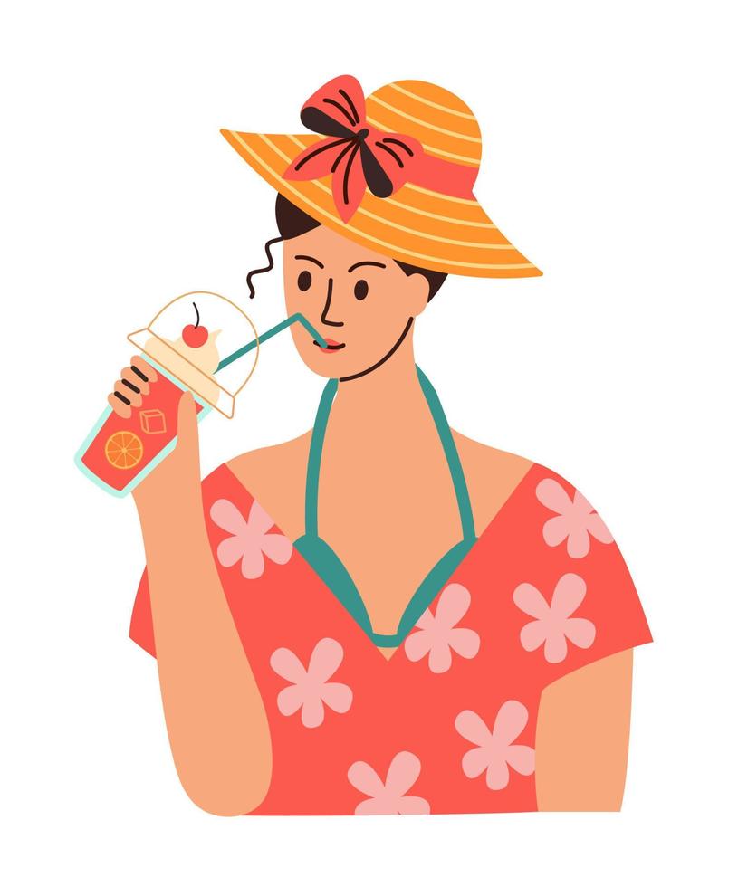 frio refresco verão bebida. mulher desfrutando frio doce bebida. verão período de férias conceito. plano vetor ilustração.