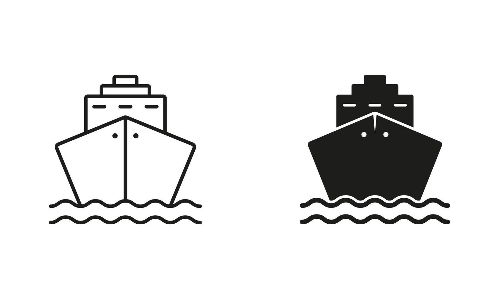 cruzeiro navio linha e silhueta Preto ícone definir. oceano embarcação pictograma. carga barco, frete marinho esboço e sólido símbolo coleção em branco fundo. isolado vetor ilustração.