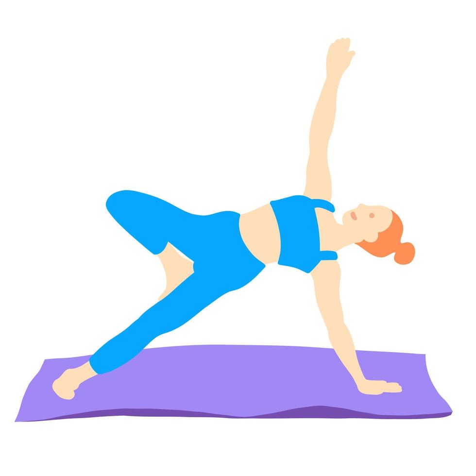 Treinamento dentro ioga pose do rad cabelo europeu menina dentro azul fato de treino em uma roxa esteira. pilates, esporte, saúde. fêmea, senhora, mulher. vetor ilustração dentro desenho animado plano estilo isolado em branco fundo.