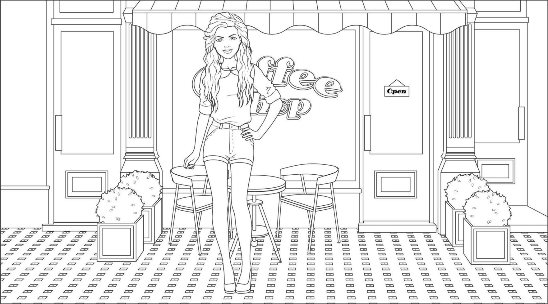 hipster menina coloração página com uma café fazer compras janela fundo. vetor ilustração