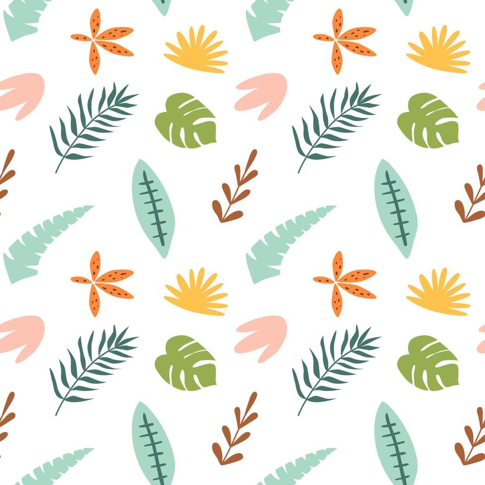 infantil tropical folhas padronizar. desenho animado selva fundo, floresta tropical desatado padronizar. africano papel de parede, fofa safári textura. vetor ilustração. verão trópico natureza folha, botânico papel.