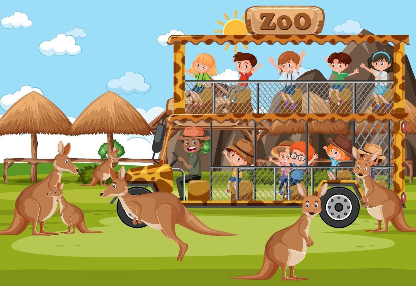 crianças em carro de turismo assistindo grupo canguru no cenário do zoológico vetor