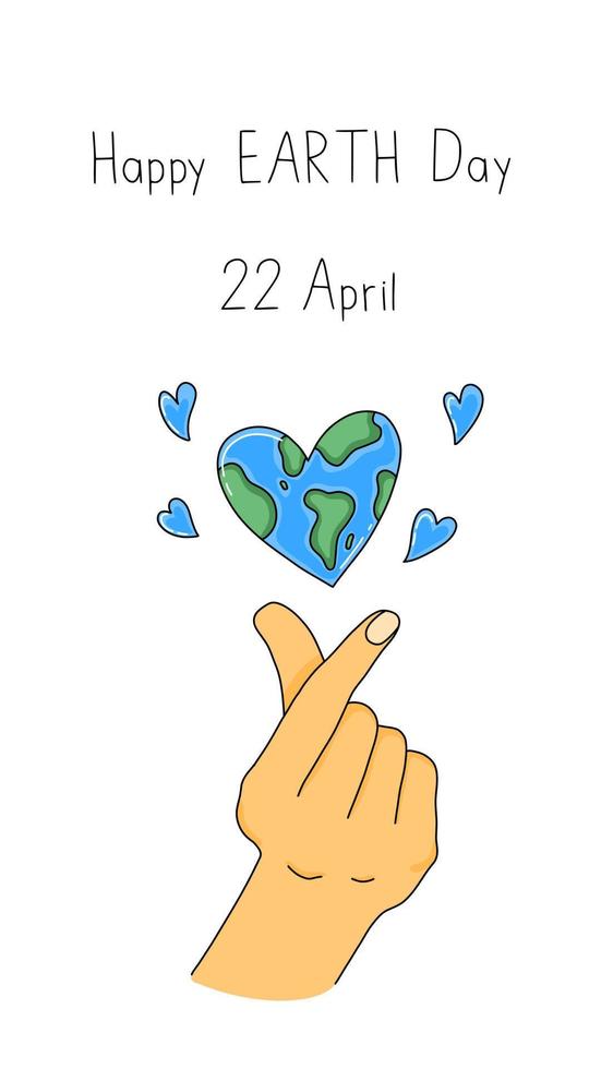 feliz terra dia cumprimento vertical postar vetor ilustração Salve  a planeta limpar \ limpo e saudável amor gesto com coração em forma terra planeta