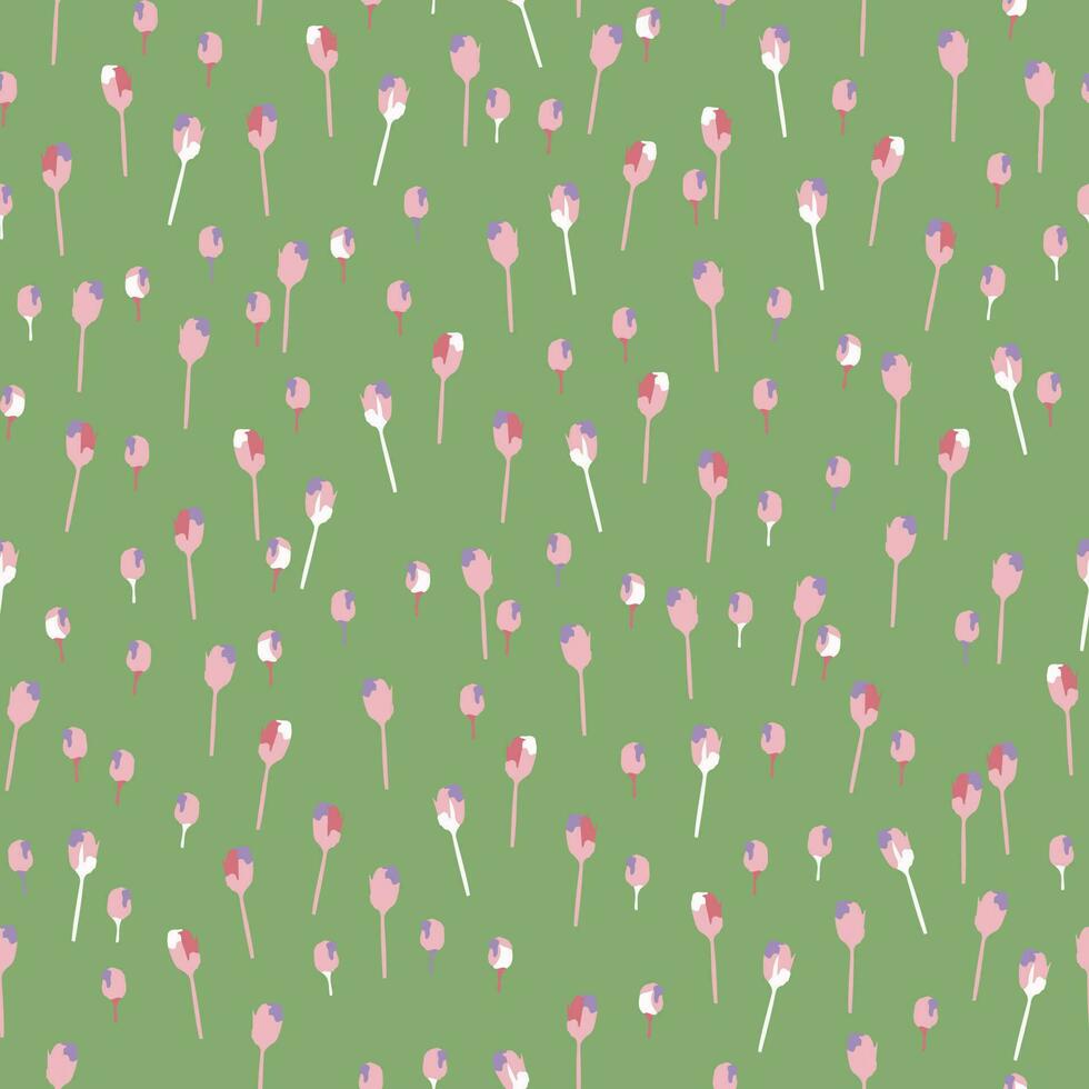 desatado misturado abstrato minúsculo tulipas padronizar em verde fundo vetor