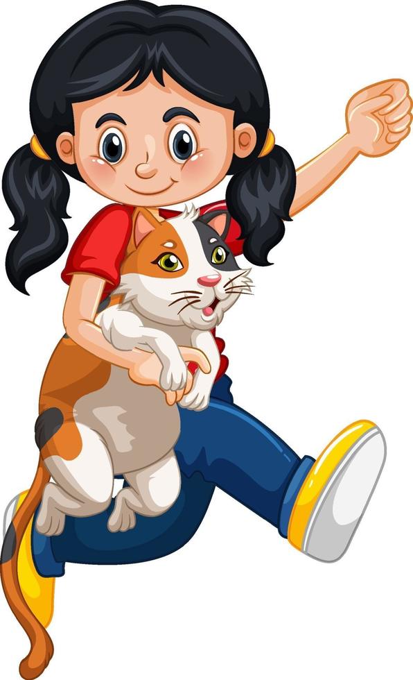 personagem de desenho animado de garota feliz abraçando um gato fofo vetor
