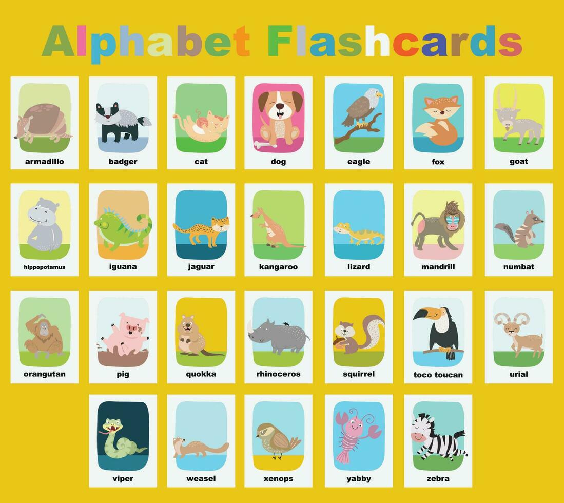 animal alfabeto flash card. educacional imprimível flash card. vetor ilustrações.