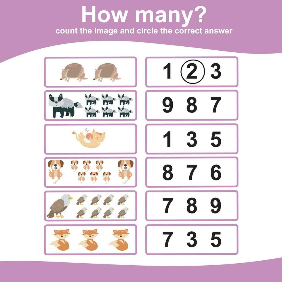conte e circule a resposta para as crianças. planilha matemática imprimível para pré-escola. planilha educacional imprimível. ilustração vetorial. vetor