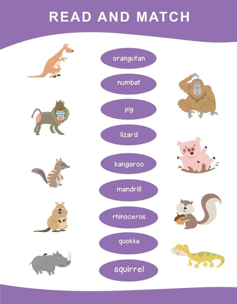 leia e combine o jogo da planilha. alfabeto inglês com conjunto de animais de desenho animado. palavras correspondentes com imagens usando conjuntos de animais engraçados para crianças. ilustração vetorial. vetor
