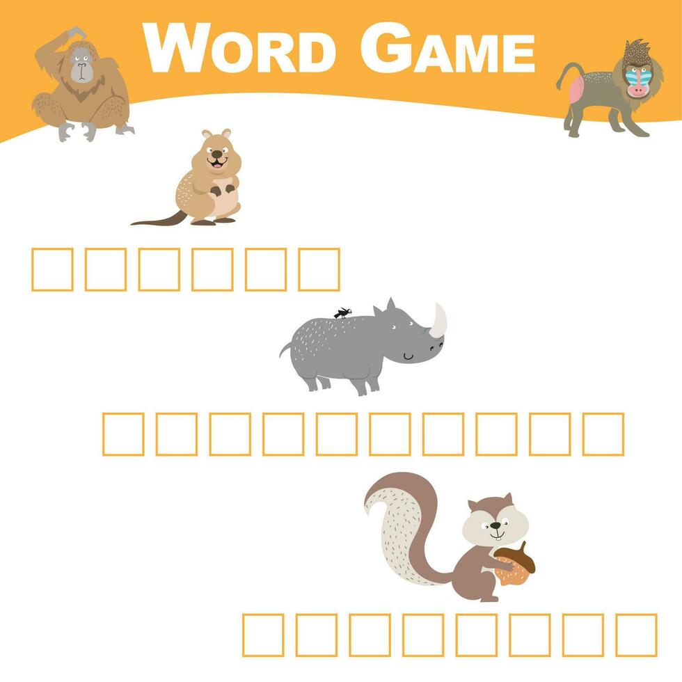 palavra jogos folha. completo a palavras. animais tema nomes planilha. educacional atividade para pré escola crianças. vetor ilustração.