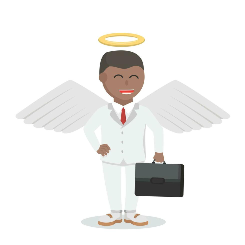 homem de negocios africano anjo carregando a pasta Projeto personagem em branco fundo vetor