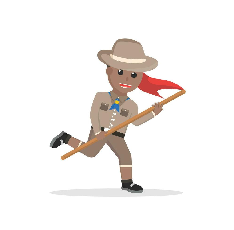 Garoto escoteiro africano corre com bandeira Projeto personagem em branco fundo vetor