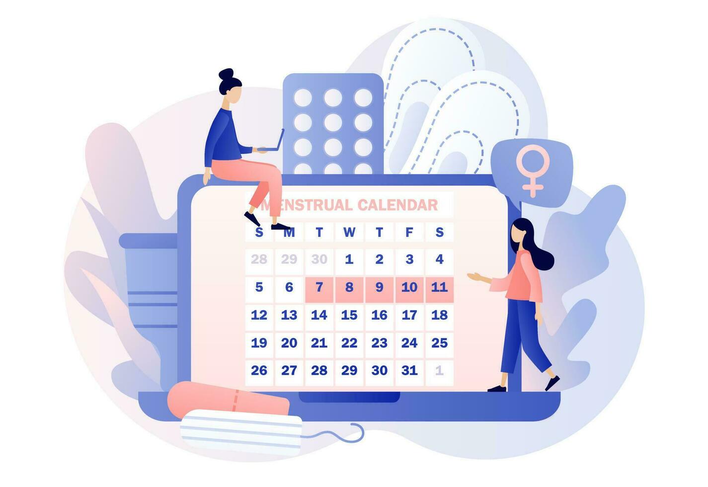 menstruação período. minúsculo meninas com por mês calendário em computador portátil tela, menstrual xícara, tampão e comprimidos. menstrual proteção e feminino higiene. moderno plano desenho animado estilo. vetor ilustração