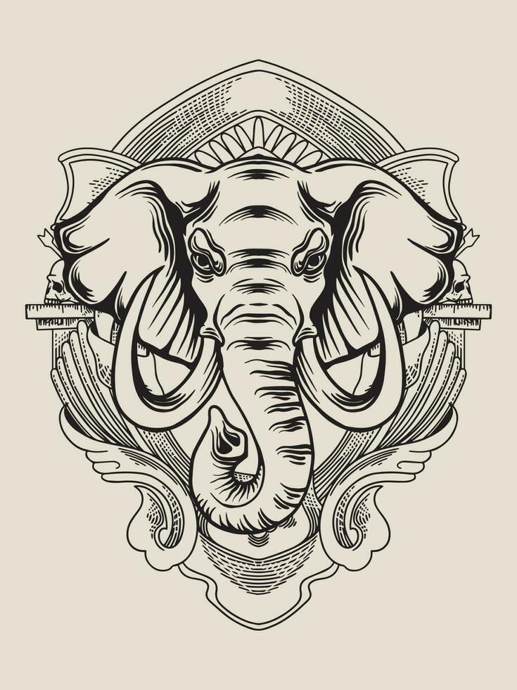 ilustração elefante cabeça com gravação enfeite vetor