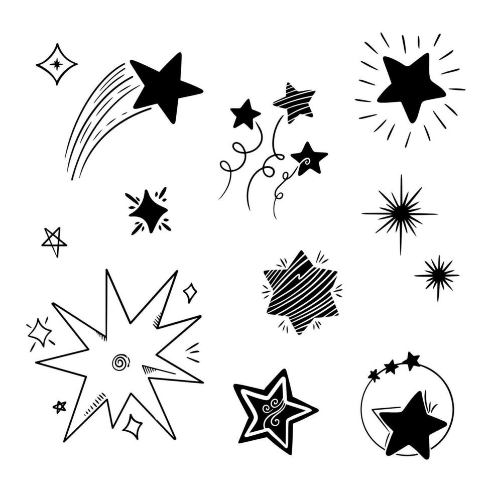 conjunto de doodle starburst. estrela desenhada à mão. vetor