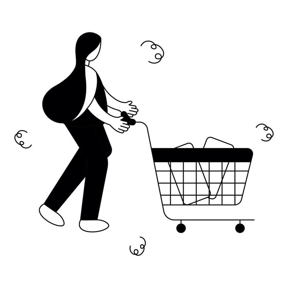 lineart ilustração do uma mulher com compras carrinho, o negócio conceito. vetor