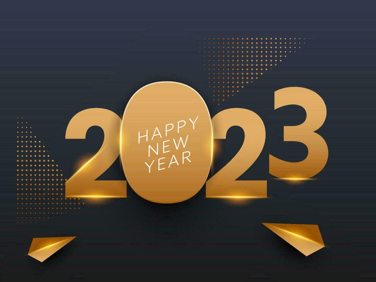 dourado 2023 número com triângulo elementos em ardósia cinzento fundo para feliz Novo ano conceito. vetor