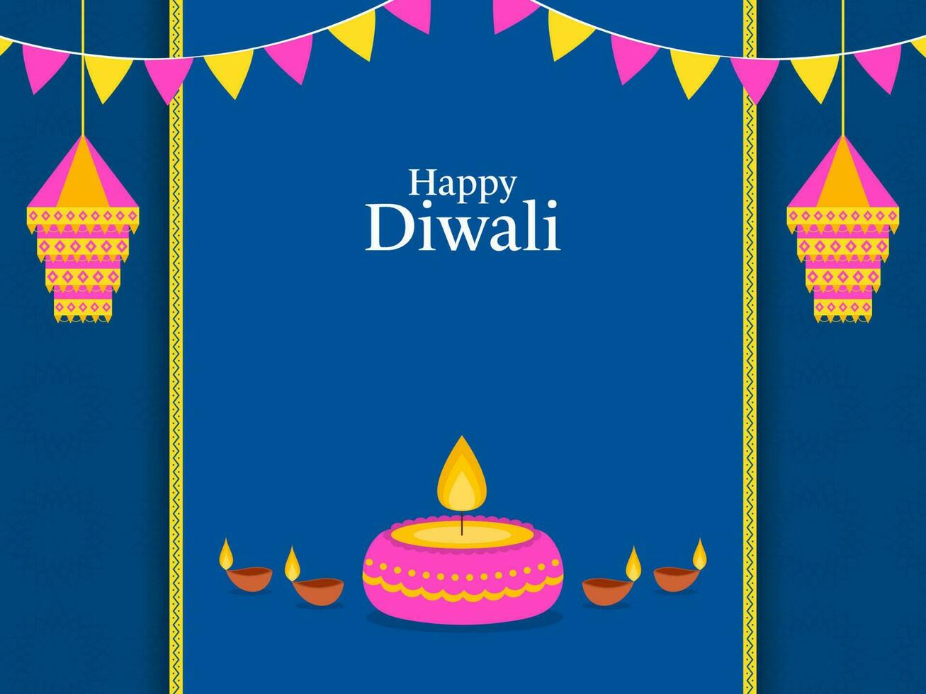 feliz diwali celebração poster Projeto com iluminado óleo lâmpadas, tradicional lanternas e estamenha bandeiras em azul fundo. vetor