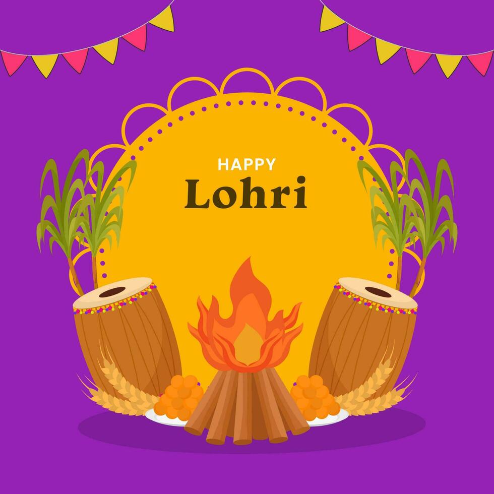 feliz Lohri celebração poster Projeto com festival elementos e laranja circular quadro, Armação em roxa fundo. vetor
