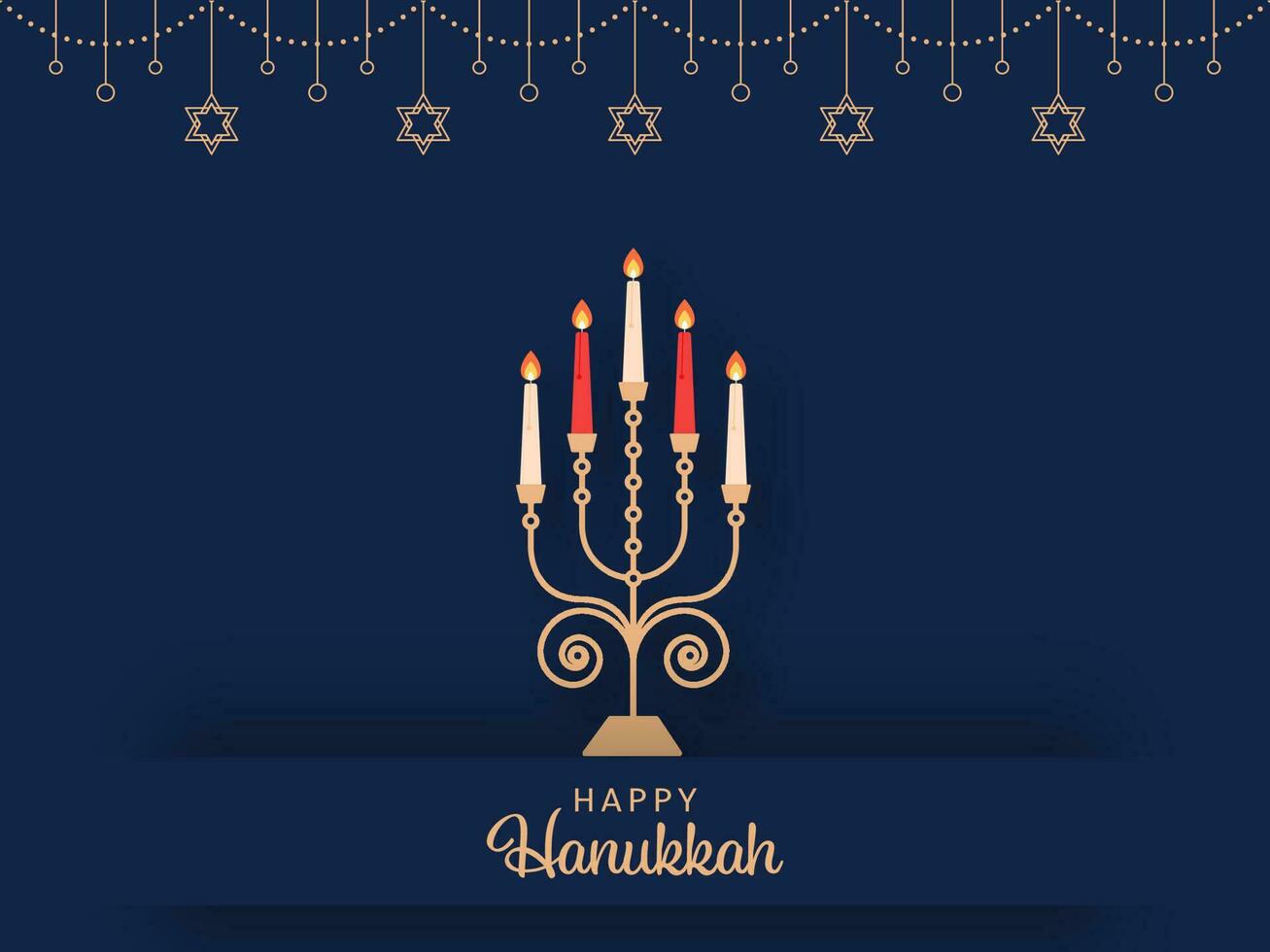 feliz hanukkah celebração cumprimento cartão com iluminado candelabro e suspensão estrelas do david decorado em azul fundo. vetor
