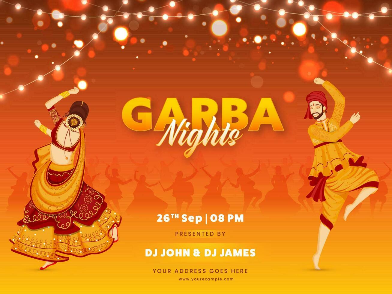 garba noite festa celebração fundo com indiano jovem casal dançando e evento detalhes. vetor