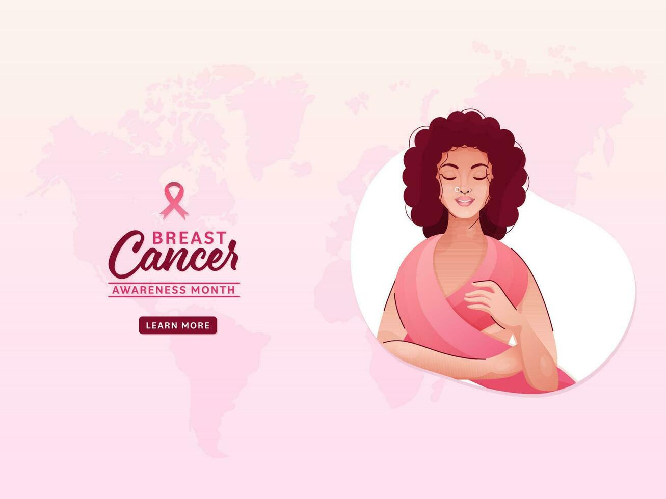 seio Câncer consciência mês conceito com jovem mulher vestiu Rosa fita, seio Câncer consciência símbolo em mundo mapa fundo. vetor