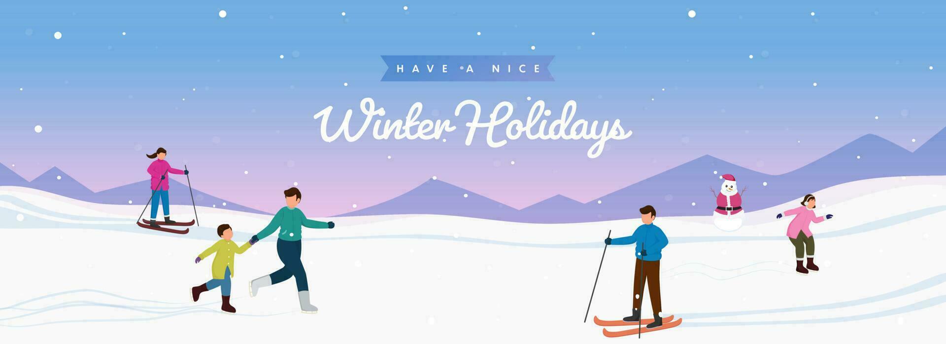 desenho animado pessoas desfrutando inverno feriados gostar Como esquiar, gelo patinação e boneco de neve em gradiente Nevado montanha fundo. vetor