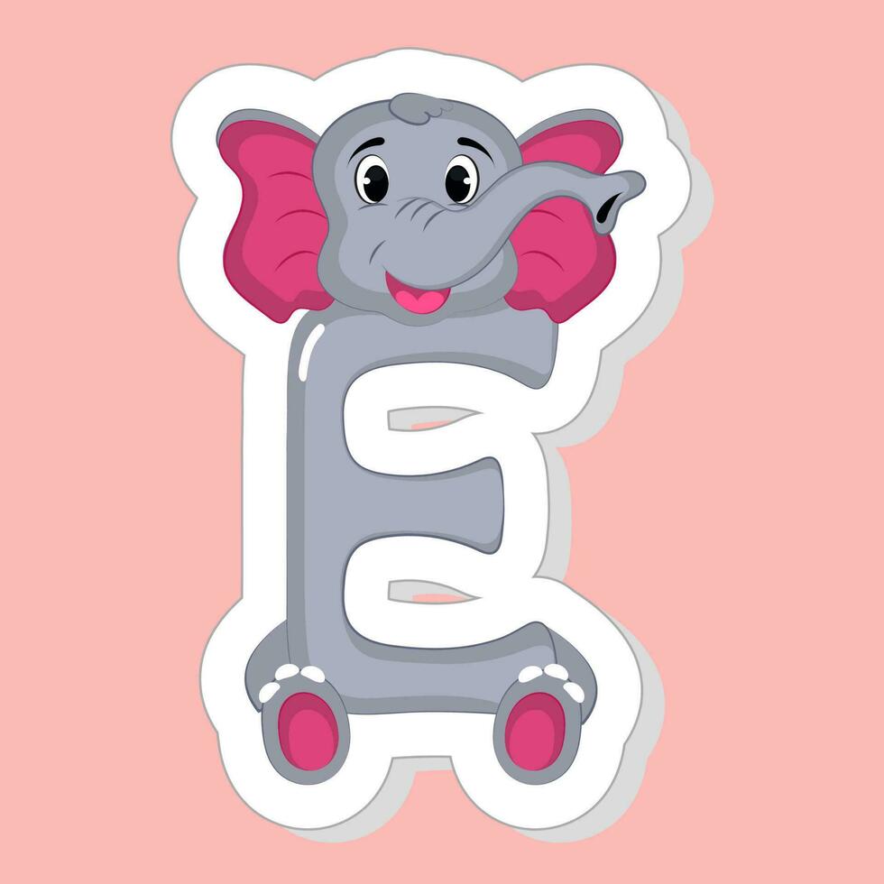 adesivo estilo e alfabeto animal desenho animado elefante em Rosa fundo. vetor