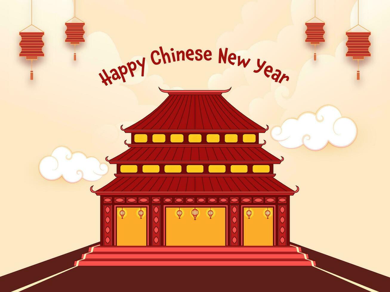 ásia casa ou têmpora estrutura com suspensão lanternas, nuvens em pastel pêssego e vermelho fundo para feliz chinês Novo ano conceito. vetor